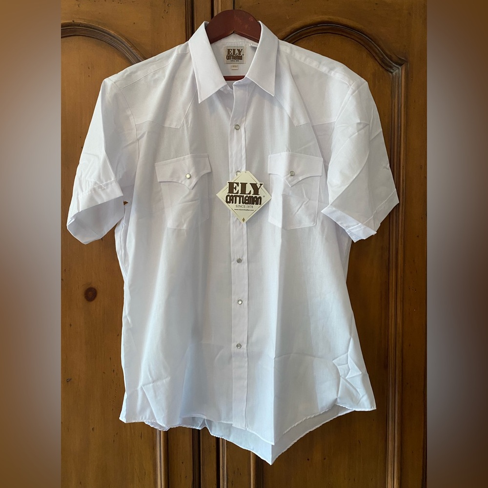 New Men’s ELY Cattleman White Short Sleeve Pearl Snap 17.5 XL